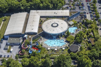 Aerial view, outdoor pool Maximare, saltwater pool, summer, Hamm-Mitte, bathers, sunbathers, Hamm,