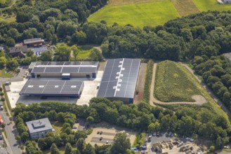 Aerial view, Römerstraße Süd industrial estate, new Krampe Harex building, building with solar