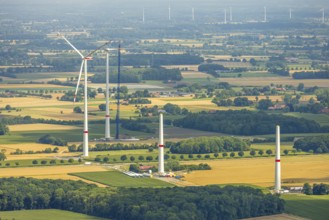 Aerial view, wind turbines with new construction on Klostermühlenweg, meadows and fields,