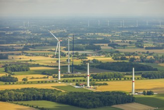 Aerial view, wind turbines with new construction on Klostermühlenweg, meadows and fields,