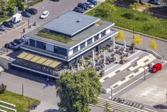 Aerial view, R-Cafe on Adenauerallee, Datteln-Hamm Canal, green roof, Hamm, Ruhr area, North