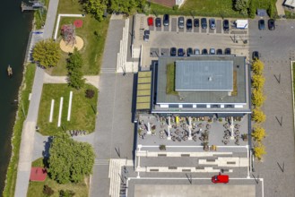 Aerial view, R-Cafe on Adenauerallee, Datteln-Hamm Canal, green roof, Hamm, Ruhr area, North