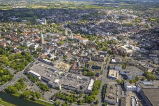 Aerial view, city centre view with Allee-Center and parking deck, evang. St Paul's Church,