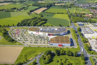 Aerial view, Höffner furniture store Unnaer Straße on the A2 motorway, Rhynern district, Hamm, Ruhr