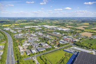 Aerial view, Oberster Kamp industrial estate on the A2 motorway, Rhynern district, Hamm, Ruhr area,