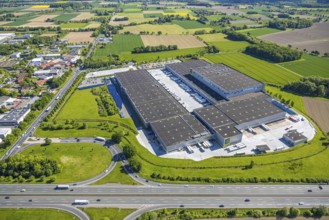 Aerial view, Edeka logistics centre and A2 motorway, Rhynern in Hamm, Ruhr area, North