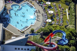 Aerial view, outdoor pool Maximare, saltwater pool, summer, Hamm-Mitte, bathers, sunbathers, Hamm,
