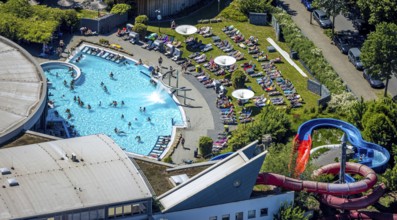 Aerial view, outdoor pool Maximare, saltwater pool, summer, Hamm-Mitte, bathers, sunbathers, Hamm,