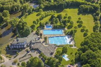 Aerial view, Selbachpark outdoor pool at Hotel Selbachpark, Pelkum district, Hamm, Ruhr area, North