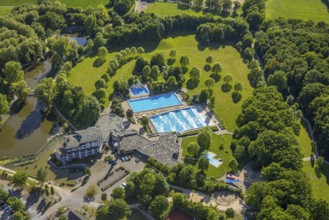 Aerial view, Selbachpark outdoor pool at Hotel Selbachpark, Pelkum district, Hamm, Ruhr area, North