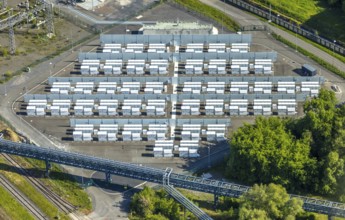 Aerial view, battery storage site of RWE power plant Westfalen, Uentrop, Hamm, Ruhr area, North