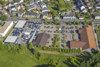 Aerial view, shopping centre with Edeka Weber and Aldi supermarket, Excellence Cars car dealership,