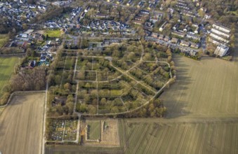 Aerial view, wooded cemetery Hassel-Oberfeldingen and below Islamic cemetery, Hassel,