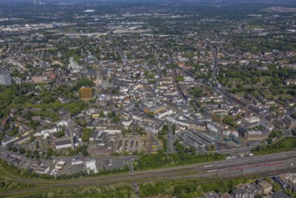 Aerial view, city centre Gelsenkirchen, main station railway tracks, Bahnhofstraße and Ringstraße,
