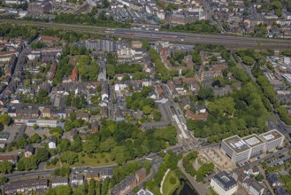 Aerial view, city centre Gelsenkirchen, main station railway tracks, Bochumer Straße and justice