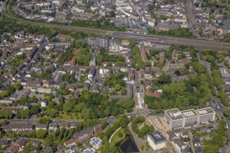 Aerial view, city centre Gelsenkirchen, main station railway tracks, Bochumer Straße and justice
