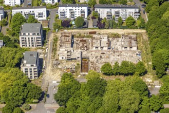 Aerial view, construction site and new apartment blocks on Goldbergstraße, ruins, Buer,