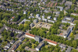 Aerial view, construction site and new apartment blocks on Goldbergstraße, ruins, Buer,