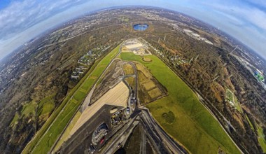 Aerial view, ZDE central landfill Emscherbruch, above Emscherbruch with Ewaldsee, globe, fisheye