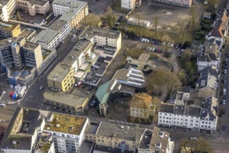 Aerial view, Gelsenkirchen Art Museum, residential and commercial buildings on Breddestraße, Buer,