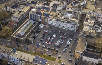 Aerial view, Springemarkt and car park, residential and commercial buildings with market hall on