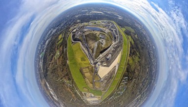 Aerial view, ZDE central landfill Emscherbruch, earth globe, fisheye image, 360 degree image, tiny