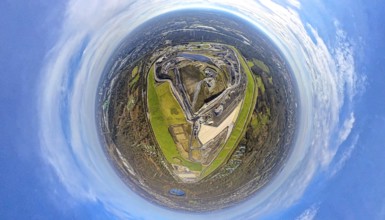 Aerial view, ZDE central landfill Emscherbruch, earth globe, fisheye image, 360 degree image, tiny