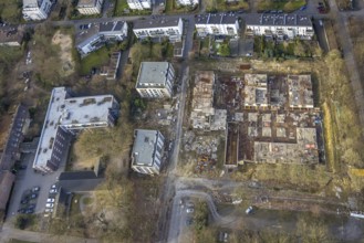 Aerial view, construction site and new building for apartment blocks on Goldbergstraße, Buer,