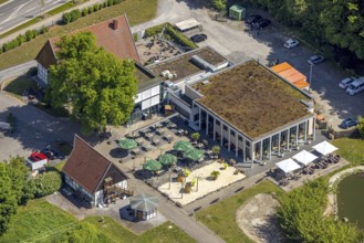 Aerial view, Altes Fährhaus gastronomy, half-timbered house and outdoor catering with parasols,