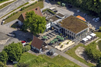 Aerial view, Altes Fährhaus gastronomy, half-timbered house and outdoor catering with parasols,