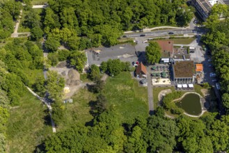 Aerial view, Altes Fährhaus gastronomy, half-timbered house and outdoor catering with parasols,