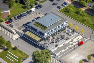 Aerial view, R-Cafe on Adenauerallee, Datteln-Hamm Canal, green roof, Hamm, Ruhr area, North