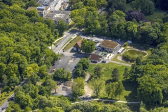 Aerial view, Altes Fährhaus gastronomy, half-timbered house and outdoor catering with parasols,