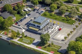 Aerial view, R-Cafe on Adenauerallee, Datteln-Hamm Canal, green roof, Hamm, Ruhr area, North