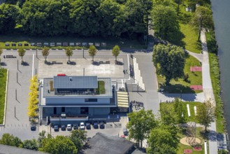Aerial view, R-Cafe on Adenauerallee, Datteln-Hamm Canal, green roof, Hamm, Ruhr area, North
