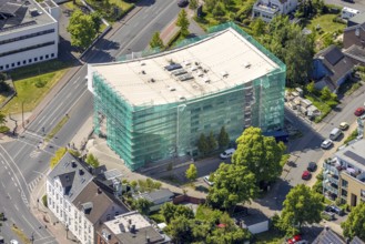 Aerial view, renovation of the municipal music school, construction site with scaffolding and