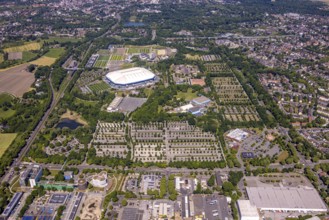 Aerial view, Berger Feld, Schalke Arena Park with Veltins Arena football stadium, Berger Lake in