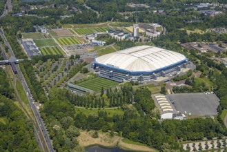 Aerial view, Berger Feld, Schalke Arena Park with Veltins Arena football stadium, Erle,
