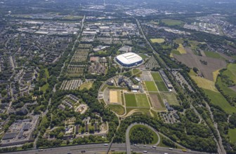 Aerial view, Berger Feld, Schalke Arena Park with Veltins Arena football stadium, Erle,