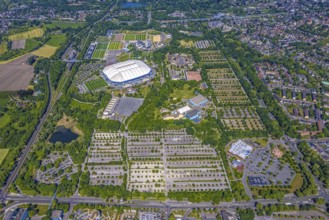 Aerial view, Berger Feld, Schalke Arena Park with Veltins Arena football stadium, Erle,