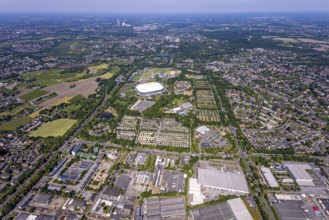 Aerial view, Berger Feld, Schalke Arena Park with Veltins Arena football stadium, Berger Lake in