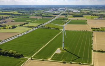 Aerial view, Hellweg and wind turbines in a field on the A2 motorway, Rhynern district, Hamm, Ruhr