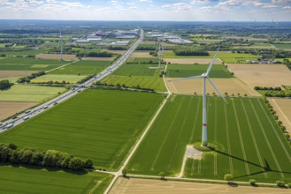 Aerial view, Hellweg and wind turbines in a field on the A2 motorway, Rhynern district, Hamm, Ruhr