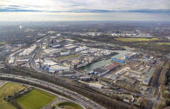 Aerial view, city harbour and Rhine-Herne Canal, goods train connection, behind BP Ruhr oil, below
