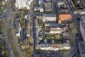 Aerial view, Munckelstraße, former Gelsenkirchen prison and sports field with weathered roofing,