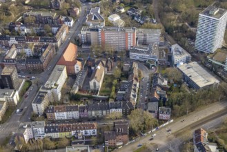 Aerial view, Munckelstraße, former Gelsenkirchen prison and sports field with weathered roofing,