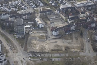 Aerial view, brownfield site of former central swimming pool, residential area and high-rise