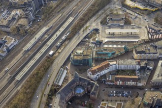 Aerial view, Gelsenkirchen main station with station forecourt, ZOB bus station, Neustadt,