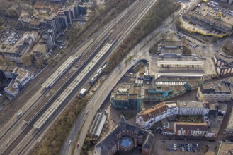 Aerial view, Gelsenkirchen main station with station forecourt, ZOB bus station, Neustadt,
