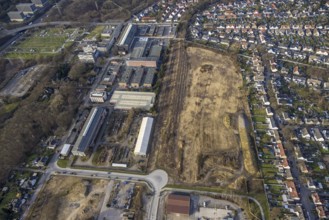 Aerial view, large brownfield site of the former Bergmannsglück colliery in the garden city of